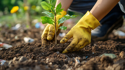 recycling and nature themes: photos of trees sprouting from waste, Earth held above trash, and green initiatives with ample blank spaces for environmental messages.