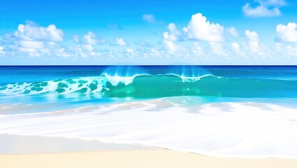 Turquoise Wave Cresting on a Sunny Beach with White Foamy Water