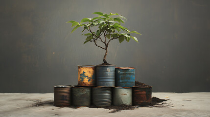 recycling and nature themes: photos of trees sprouting from waste, Earth held above trash, and green initiatives with ample blank spaces for environmental messages.