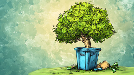 recycling and nature themes: photos of trees sprouting from waste, Earth held above trash, and green initiatives with ample blank spaces for environmental messages.