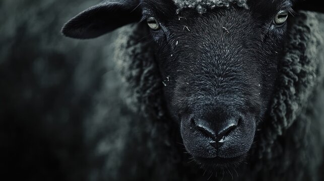 Close up portrait of a black sheep with detailed wool and captivating gaze