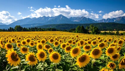 Obraz premium Sunflowers field, mountains backdrop