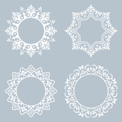 Set of decorative frames Elegant vector element for design in Eastern style, place for text. Floral gray and white borders. Lace illustration for invitations and greeting cards