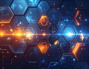 Abstract digital mosaic of glowing blue and orange hexagonal cells