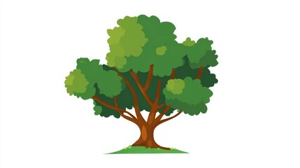 Vibrant cartoon illustration of a lush green tree with a sturdy brown trunk standing on a patch of grass.
