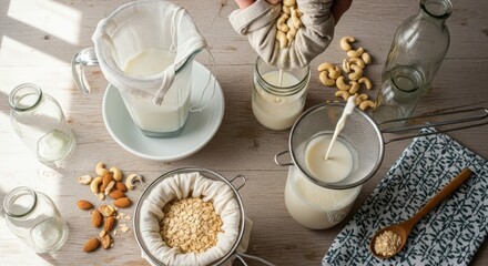 Homemade cashew and almond milk being strained and bottled on a wooden table with nuts and seeds scattered around.