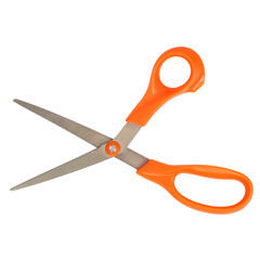 Orange handled stainless steel scissors isolated on transparent background with ergonomic design and open blades. Ideal for household, office, crafting, and school-related content