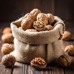 A burlap sack overflows with walnuts on a rustic wooden surface