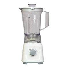 Clear blender with grayknob control and white base isolated on transparent background showcasing blending pitcher with measurements.