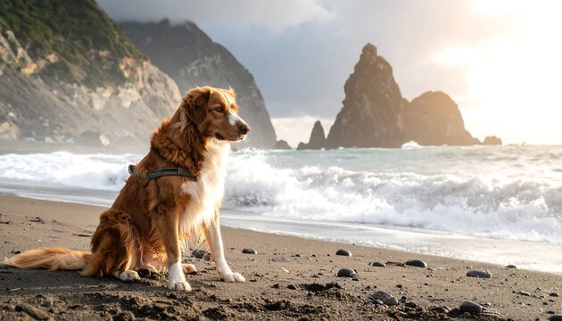 A dog sits on a beach, waves crashing, rocky cliffs, and golden sunlight in the background