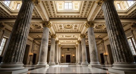 Obraz premium Majestic neoclassical architecture in grand hall with ornate columns and intricate ceiling design for historical landmark inspiration
