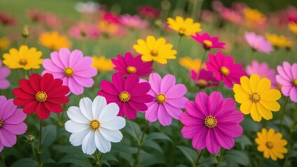Vibrant cosmos flowers in full bloom, showcasing a spectrum of c