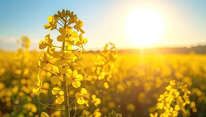 Golden Field of Yellow Flowers at Sunrise with Sunburst