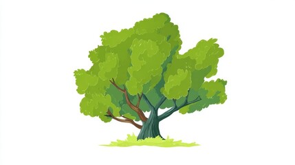 Obraz premium A vibrant, stylized illustration of a solitary green deciduous tree with a thick trunk on a white background.