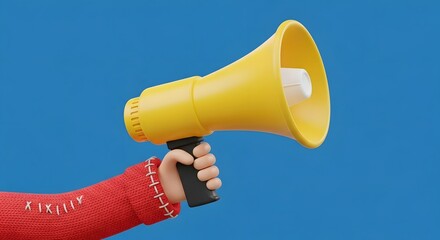 Vibrant megaphone with hand holding it against blue background for communication themes