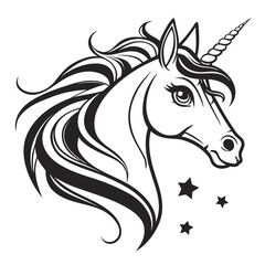 Elegant unicorn head vector illustration. Black and white unicorn head vector. Fantasy animal vector.