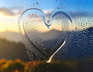 Love shaped hand drawn symbol on wet glass background.