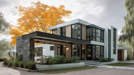 Fototapeta premium Modern two story house with contemporary design, large glass windows, sliding doors, clean lines, minimalist aesthetic,
