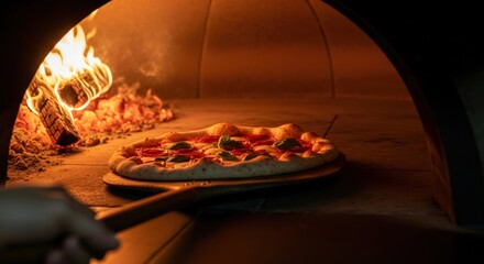 A delicious pizza is being carefully placed into a rustic wood-fired oven with flames licking the sides.