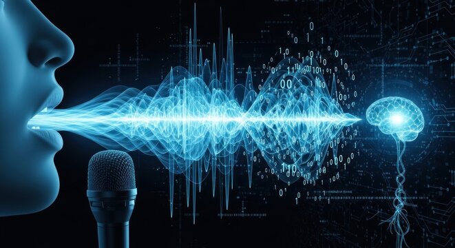 A person speaking into a microphone with a digital brain and neural network in the background.