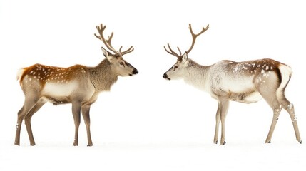 Fototapeta premium Two deer facing each other with antlers isolated on a clean white background