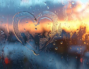 Love shaped hand drawn symbol on wet glass background.