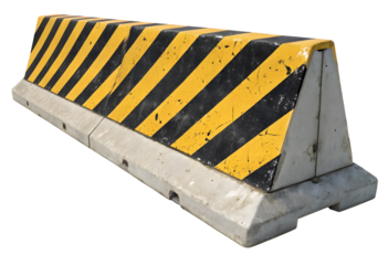 Yellow and black concrete road barrier isolated on white or transparent background