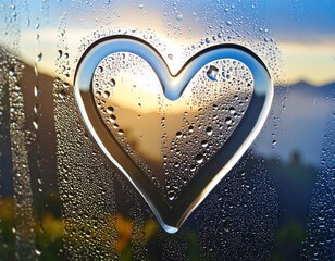 Love shaped hand drawn symbol on wet glass background.