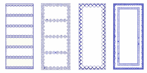 Collection of four unique decorative blue borders and frames with white backgrounds and intricate designs