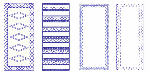 Set of four hand drawn blue decorative borders and frames with geometric and abstract patterns