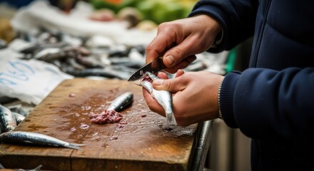 A person's hands are shown preparing a small fish on a wooden cutting board, with other fish visible in the background.