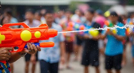 Water Gun Fight A Thrilling Songkran Celebration, Splashing Fun and Joyful Festivities for All in the Hot Sun