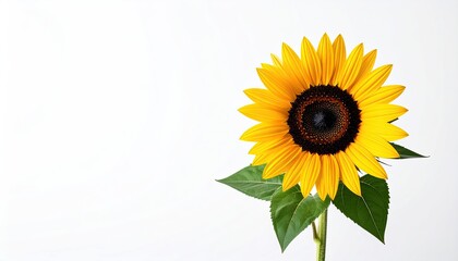 Vibrant yellow sunflower with dark center and green leaves against a white background