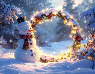 Snowy snowman scene with glowing wreath