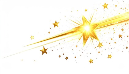 Golden starburst with trail and smaller stars on white background, vibrant and glowing