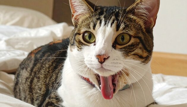 Up close shot of a tabby cat with open mouth, looking directly at the viewer, relaxing indoors