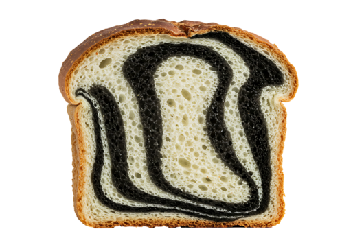 Thick slice of bread displays a beautiful black marble swirl illustrating unique baking and modern dessert style.