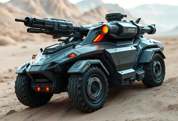 Sleek, armored vehicle with advanced weaponry, futuristic design,  armored combat,  AI