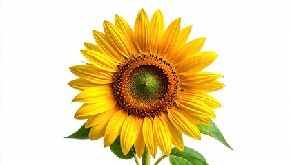 A close-up of a radiant sunflower with vibrant yellow petals on white background