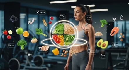 A woman in a gym with a healthy meal plan and various food icons.