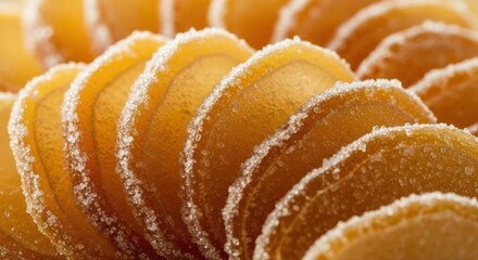 Close-up of thinly sliced candied ginger, dusted with sugar, arranged in a fan shape.