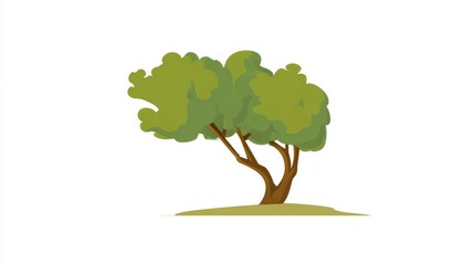 Obraz premium A simple cartoon illustration of a green leafy tree with a brown trunk on a small patch of ground against a white background.