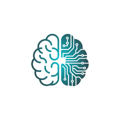 Brain circuit icon, half analog curves half circuit board, tech intelligence logo, neural computing concept, innovative digital vector