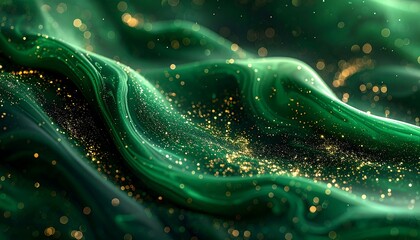 Abstract emerald waves with gold particles, depth of field effect
