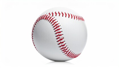 A close-up of a white sphere with red stitching, a classic baseball, on a white backdrop