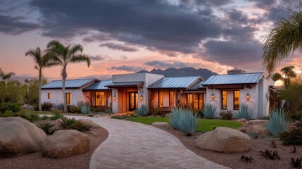 Obraz premium Elegant modern house with clean lines and large glass windows during twilight, featuring wooden beams, stone pathways,