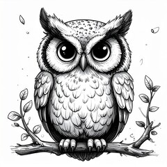 A charming black and white sketch of a cute owl with large, expressive eyes perched on a branch.