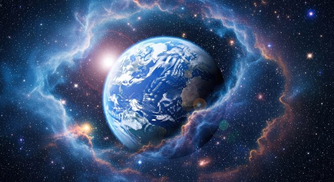 A vibrant blue and green planet Earth with a swirling nebula in the background, showcasing the cosmos and the universe.