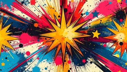 Abstract explosion with vibrant colors and starburst shapes in a dynamic burst