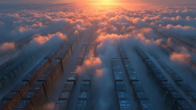 Sunset over foggy urban cityscape with tall skyscrapers and buildings emerging through dense clouds showcasing dramatic serene architecture
